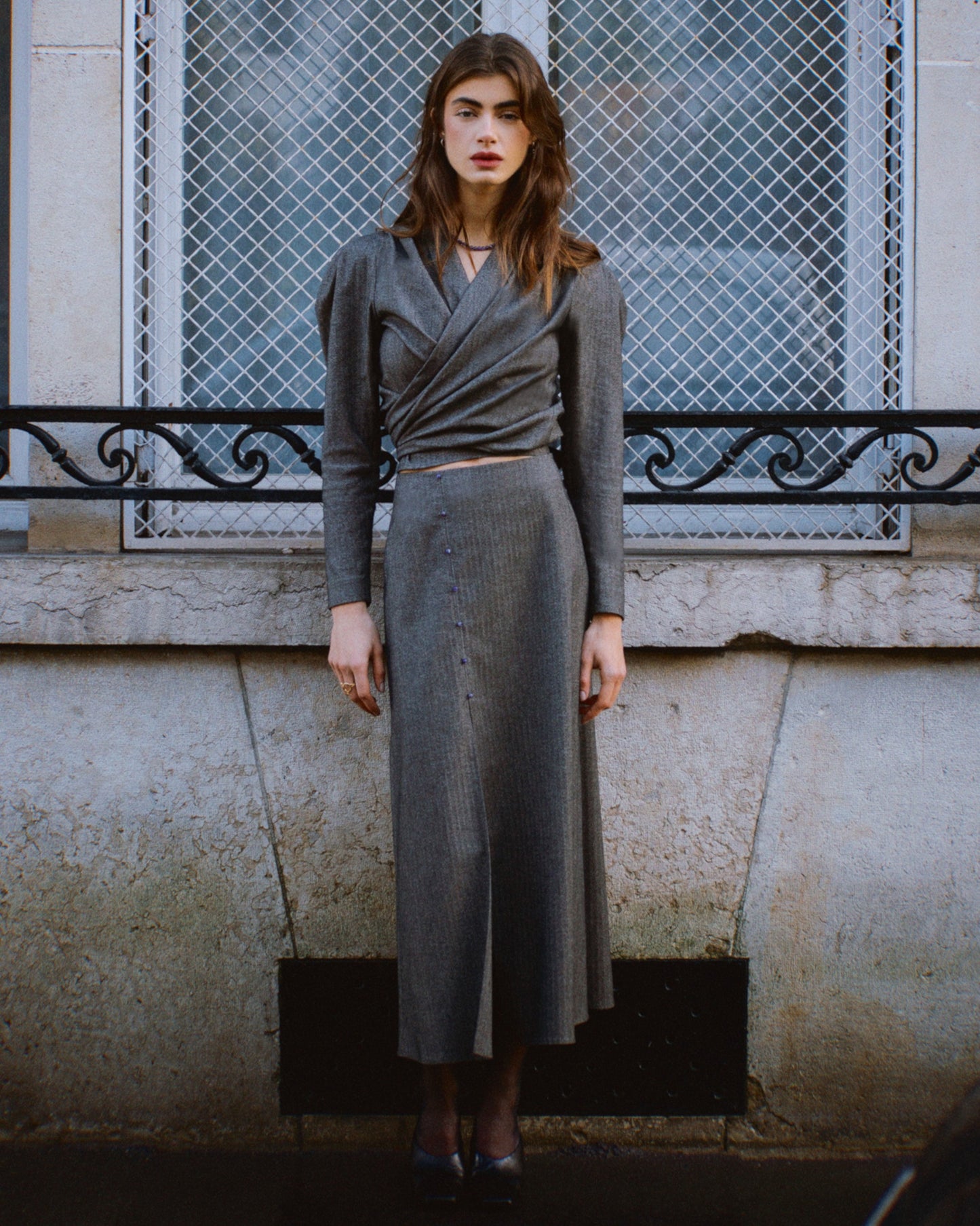 Byron Wrap Top in Herringbone - Ready to go